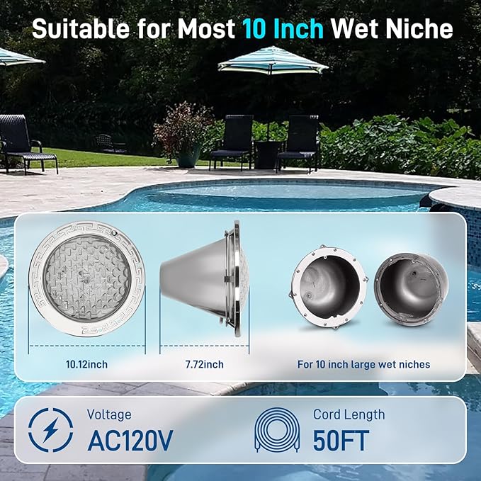 CAtArt 10 Inch Pool Light for Inground Pool (White), AC120V LED Pool Lights Suitable for 10 Inch Wet Niche, 35W, 50 Foot Cord