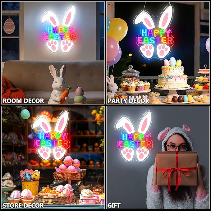 CULISER Happy Easter Neon Signs for Wall Decor, LED Bunny Egg Neon Light with USB Dimmable, Glowing Decor for Easter Party, Church, Kids Room, Home & Friend Gifts