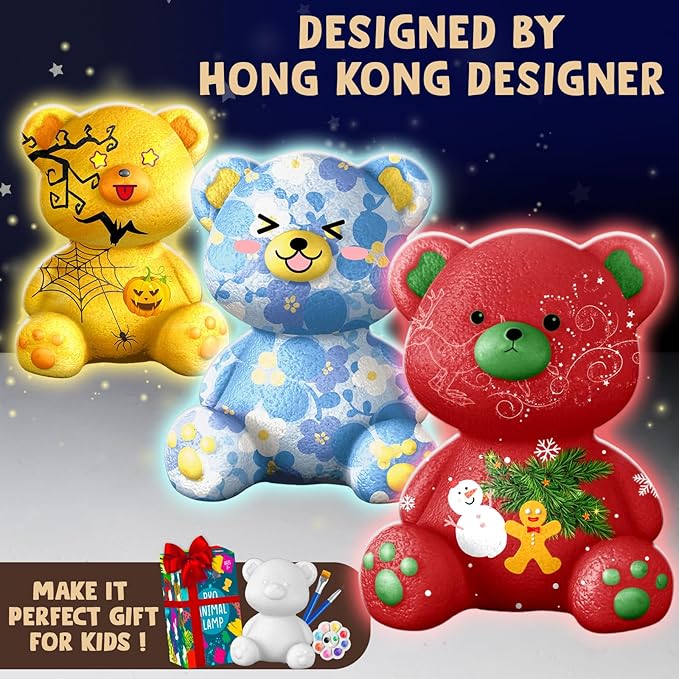 Goody King Paint Your Own Bear Lamp Kit, DIY Night Light, Arts & Crafts for Teens Girls Boys, Painting Kit for Kids, Room Decorations, Christmas Crafts Birthday Gifts for Kids Ages 3 4 5 6 7 8 9