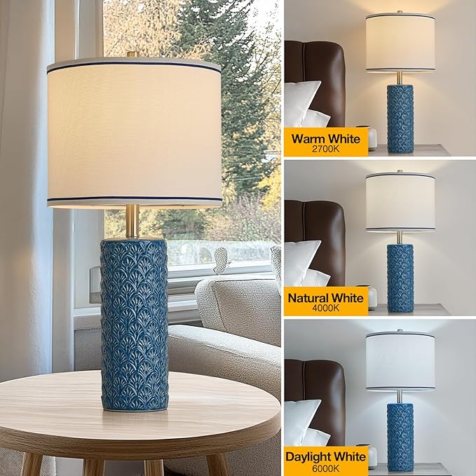 27" Farmhouse Bedside Table Lamp Set of 2, Bule Modern Ceramic Lamps for Living Room, 3 Color Temperature Rustic Table Lamps for Bedroom, Night Stands, Dorm,Office, Home Décor (Bulb Included)