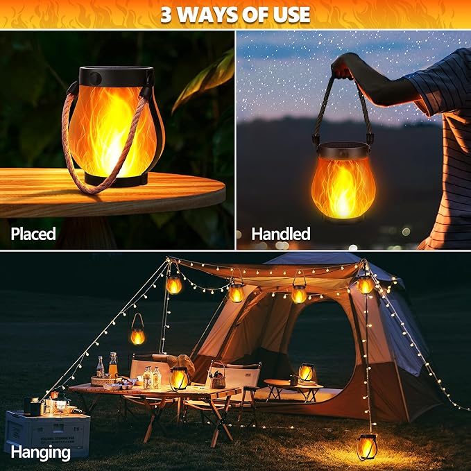 iBaycon 1 Pack Solar Lanterns Lights, Halloween Flickering Flame Garden Lights with 2 Modes Dual Charging USB & Solar, Outdoor Waterproof Hanging Lantern for Party Holiday Halloween Decor (Warm White)