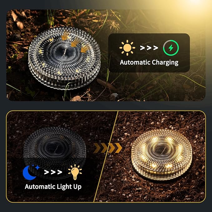 Glass Solar Ground Lights with Crystal Style, Modular-Design Waterproof In-Ground Light for Patio Pathway Lawn Yard Deck Walkway, Decorative Disk Lighting for Garden Bed, Warm White (8 Pack)