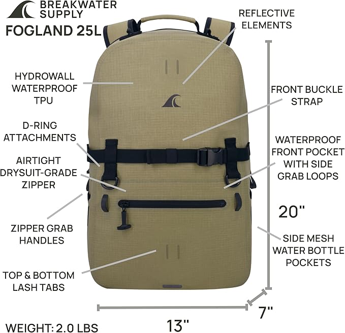Breakwater Supply™ Waterproof IP68 Submersible Backpack with Airtight Zippers | Laptop Travel Outdoors | Fogland 25L 20L 15L | 100% Waterproof, Submersible, Airtight Zippers, Travel Outdoors