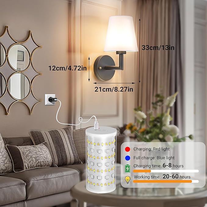 Battery Operated Wall Sconces Set of 2, Wireless Wall Light with 10000mAh RGB Dimmable Magnetic Bulb, Rechargeable Wall Sconce with Remote Control for Bedroom Living Room