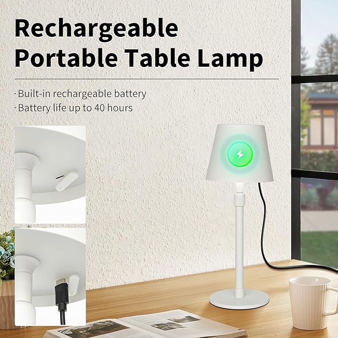 Mr.White Outdoor Waterproof Rechargeable Cordless Table Lamp with Telescopic Pole & Wicker Shade, 5200mAh Battery Operated Table Light with Touch Control, for Patio Restaurant Kitchen (White 2 Pack)