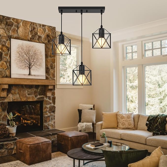 3 Light Pendant Lighting, Farmhouse Hanging Light Fixture for Kitchen Island & Dining Room, Industrial Vintage Ceiling Lamp with E26 Base, Adjustable Height, Matte Black