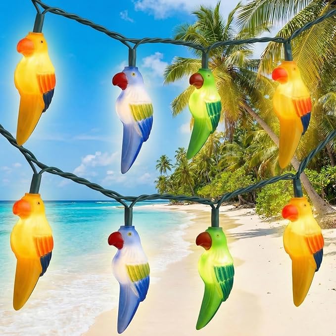 8.5Ft Parrot Outdoor String Lights, LED Tropical Themed Patio Lights with 10 Multicolor Birds Lights, Plug in Hanging Fairy String Lights for Backyard Summer Camp Window Decor Gift