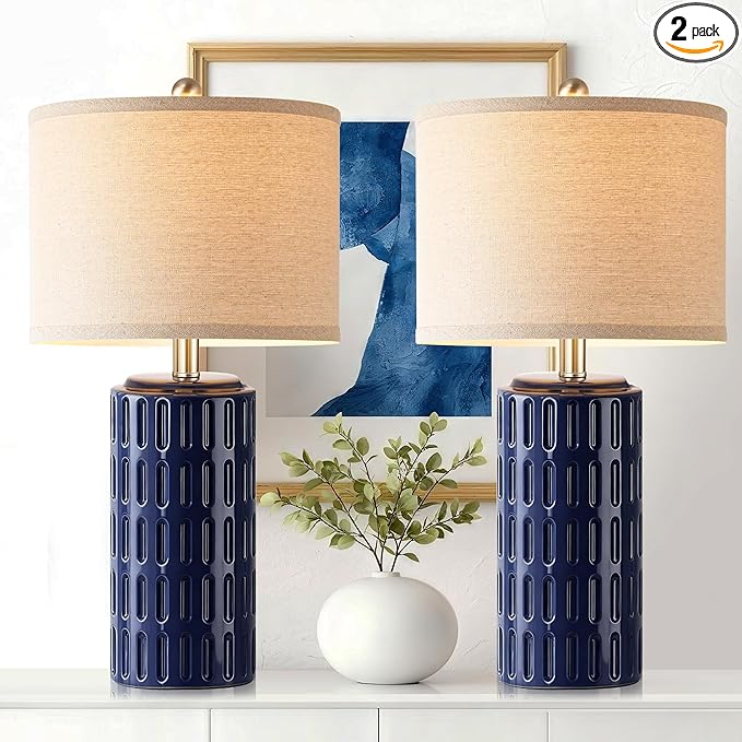 PARTPHONER 23" Farmhouse Modern Ceramic Table Lamp Set of 2 - Navy Blue Bedside Lamps for Bedroom & Living Room, Nightstand, Desk, End Table