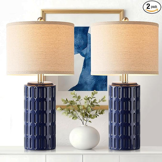PARTPHONER 23" Farmhouse Modern Ceramic Table Lamp Set of 2 - Navy Blue Bedside Lamps for Bedroom & Living Room, Nightstand, Desk, End Table