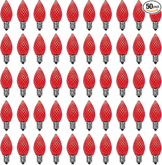 Meconard C7 Led Replacement Christmas Light Bulbs, C7 Shatterproof Led Bulbs for Christmas Indoor Outdoor String Lights, E12 Candelabra Base, Commercial Grade Holiday Bulbs, Red, 50 Pack