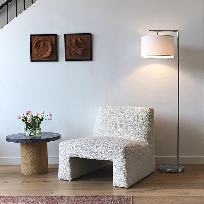 Brightech Montage Modern Floor Lamp - LED Standing Lamp with White Shade and Adjustable Color for Living Rooms & Offices - Tall Corner Bedroom Reading Light for Contemporary Home Decor - Satin Nickel