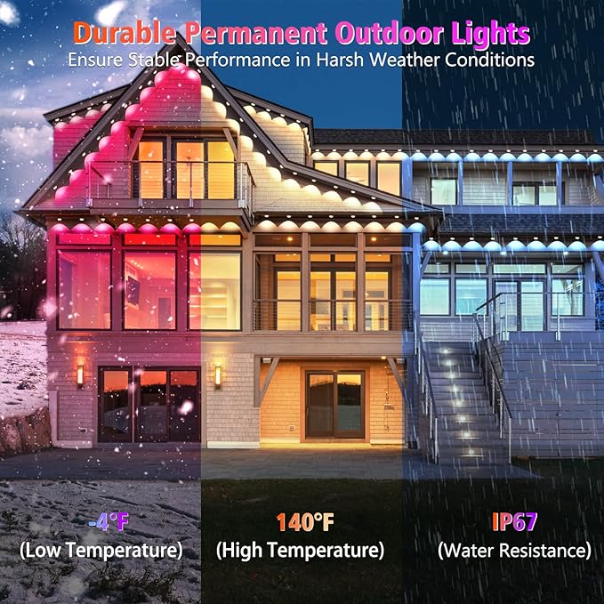 100FT Permanent Outdoor Lights, 60 LED Smart RGB Built in Chip Outdoor Eave Lights with App/Remote Control, 209 Scene Modes, IP67 Waterproof Outside Light for House Party Christmas Decor
