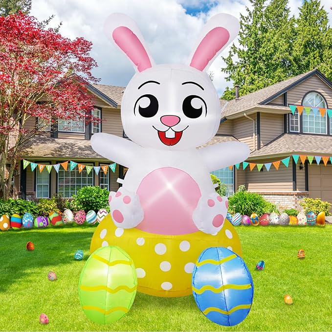 B&D 4FT Easter Inflatables Outdoor Decorations, Blow Up Inflatable Bunny Sits on Colorful Eggs Built-in LED Lights Happy Easter Yard Decorations for Holiday Party Indoor Outdoor Garden Lawn Decor
