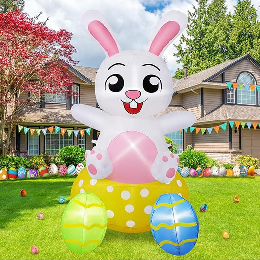 B&D 4FT Easter Inflatables Outdoor Decorations, Blow Up Inflatable Bunny Sits on Colorful Eggs Built-in LED Lights Happy Easter Yard Decorations for Holiday Party Indoor Outdoor Garden Lawn Decor