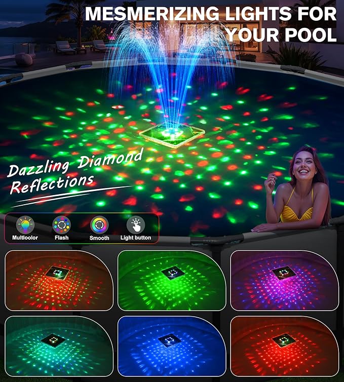Solar Pool Fountain with Light Show,2026 Upgraded Large Solar Pool Water Fountain,Floating Pool Fountains for Above Ground Pool,Solar Floating Fountains Pump for Pool Pond-1PK(Dark Blue)