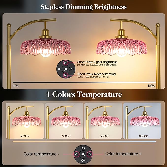 Gold Floor Lamp for Living Room, Dimmable Mid Century Modern Standing Lamp with Remote Control and Pink Glass Shade, 68" Tall Lamp for Bedroom, Vintage Retro Antique Glass Flower Lamp, Brushed Gold