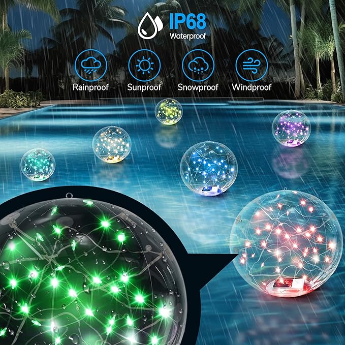 14" Solar Floating RGB LED Pool Lights (2 Pack), Remote Control, Waterproof, Timer, Outdoor Pool Accessories