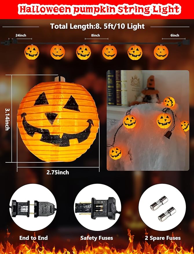 Halloween Outdoor Pumpkin String Lights, 8.5FT 10 Jack-o’-Lantern Lanterns with LED Bulbs, Connectable Waterproof Halloween Lights for Yard Patio Porch Garden, UL Listed Energy-Saving Fall Decor