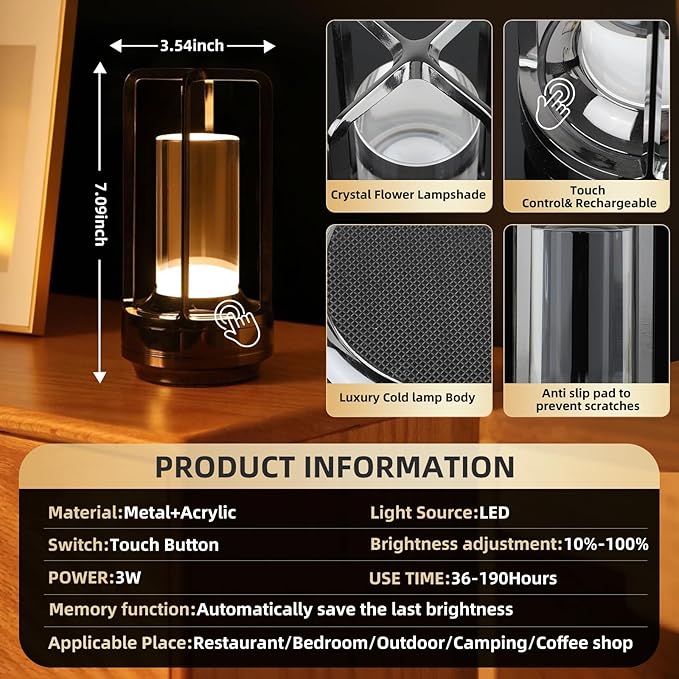 2-Pack Portable Touch Control Table Lamp with 5000mAh Battery, 3-Color Stepless Dimming Cordless LED Light for Bedroom/Camping/Restaurant/Bar Indoor & Outdoor (2-Pack Pearl Black)