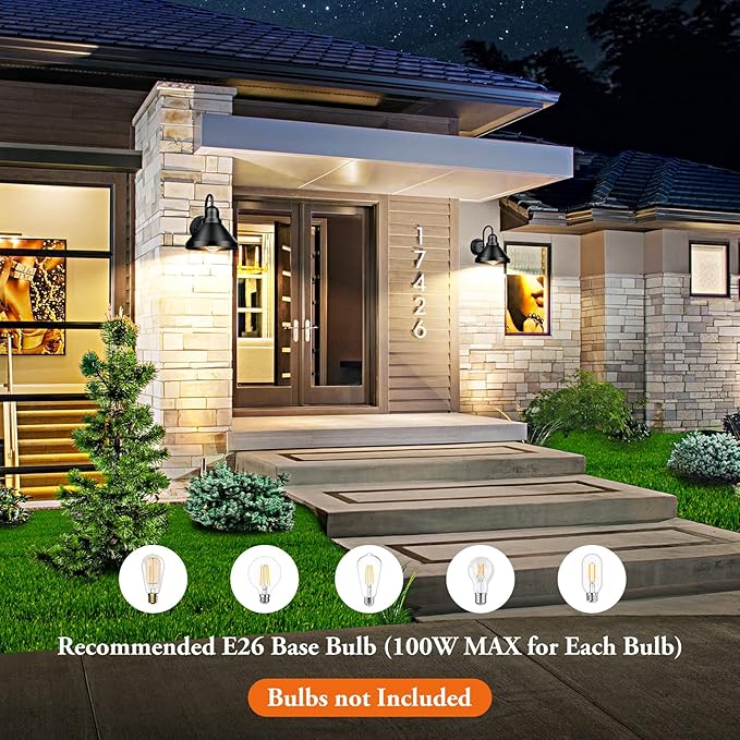 Brightever Gooseneck Outdoor Light Fixtures, 2-Pack Farmhouse Barn Lights for Porch, Industrial Black Exterior Wall Sconce for Garage, Patio, E26 Base Anti-Rust, Bulb not Included