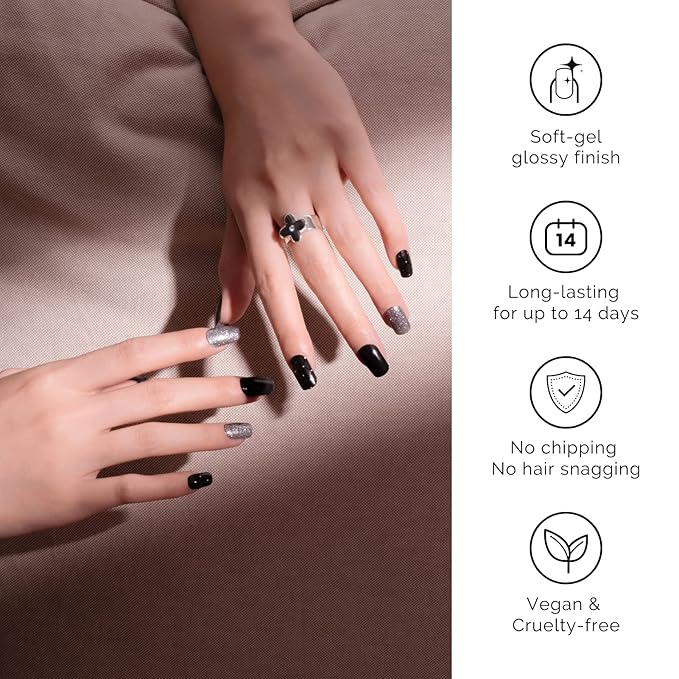 NAILOG Semi Cured Gel Nail Strips, 20Pcs Black Glitter Lasting Gel Nail Stickers, Salon Quality Easy Apply & Remove Works with Any UV/LED Nail Lamps, Black Pearl