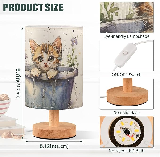 Watercolor Kitten Cat in Tub Table Lamp with Wood Base Fabric Lamp Shade Bedside Nightstand Desk Lamp for Living Room Bedroom Kids Room Office