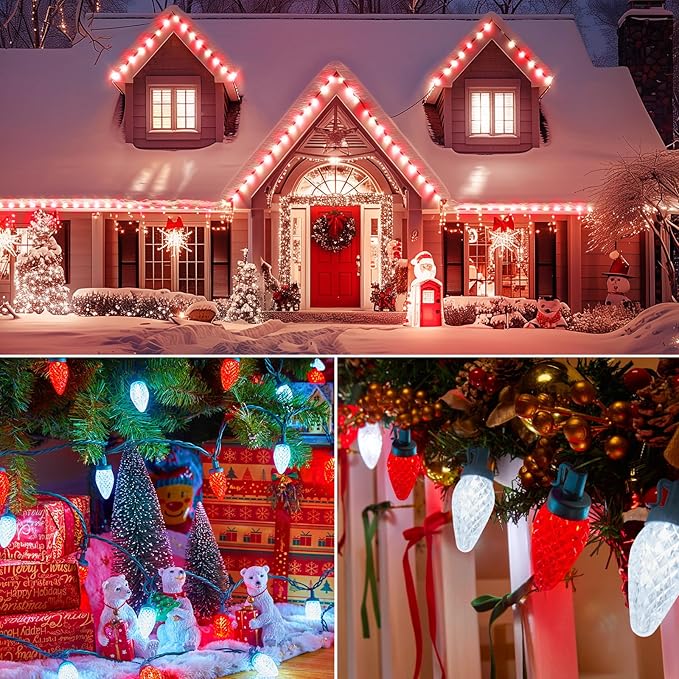 Brightown C9 Christmas Lights Outdoor 2 Pack - Total 162 FT 200 LED C9 String Lights, with Timing & Memory, 8 Modes, Connectable, Waterproof - for Indoor Outside Tree Home Yard Decoration, Red&White