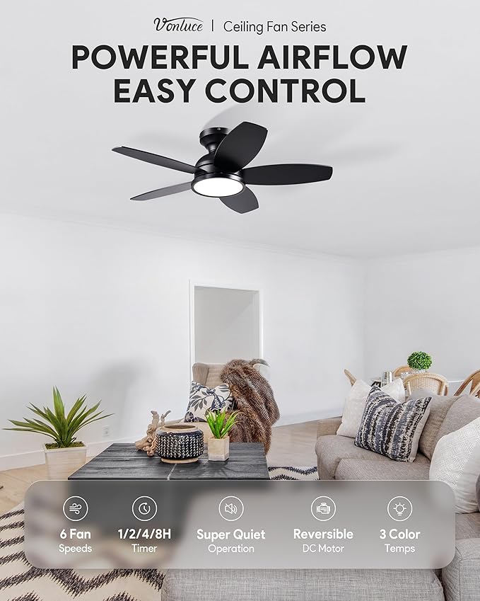 VONLUCE Ceiling Fans with Lights, 36 Inch Ceiling Fan and Remote, Full-spectrum LED Light, 3CCT, 6-Speeds Noiseless Reversible DC Motor, Modern Ceiling Fan for Bedroom Living Room Farmhouse, Black