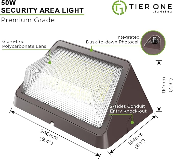 TIERONE 50W LED Wall Pack Light Dusk to Dawn Photocell Outdoor Commercial Security Area Lighting Fixture UL Listed 5500LM 4000K Daylight 400W HPS/HID Equivalent IP65 Waterproof 120-277V 4PACK