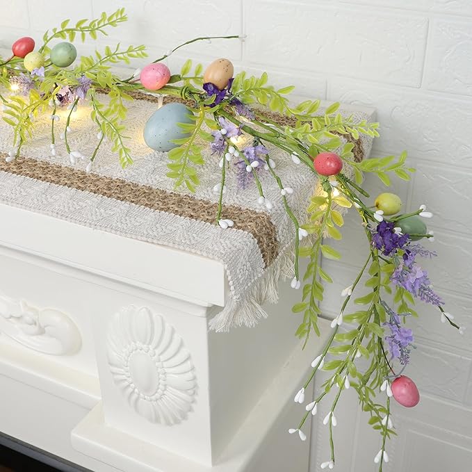 DR.DUDU 6 FT Easter Decorations for Home Lighted Easter Garland Artificial Egg Garlands with 20 LED Lights & Timer Spring Decor for Mantle Fireplace Table Door