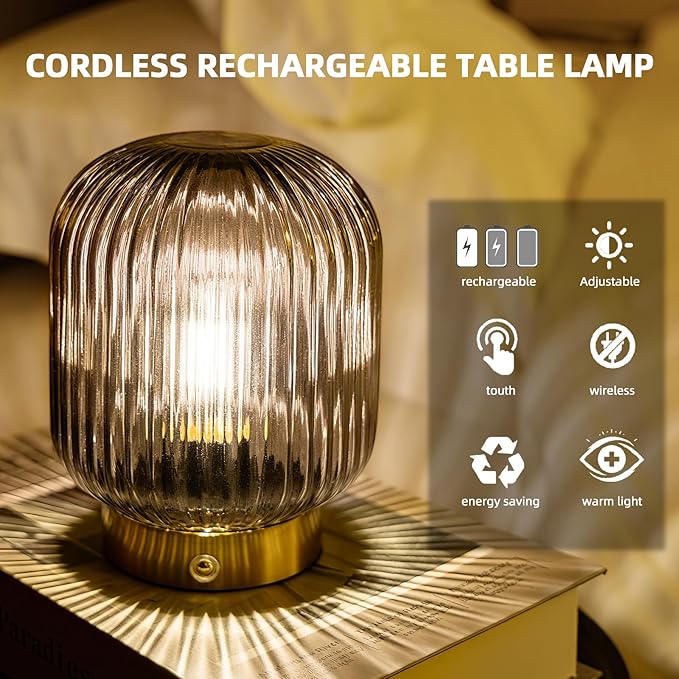 MJ PREMIER Rechargeable Table Lamp, Gray Glass Lamp with Memory Function, Small Cordless LED Lamp with Dimmable Brightness, Decorative Touch Lamps for Bedroom Living Room (Gray)