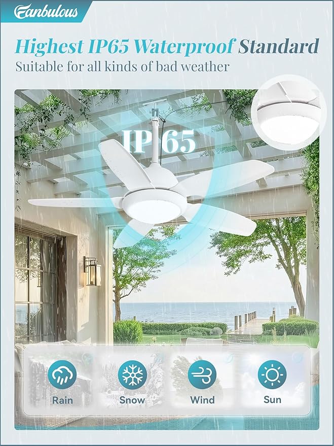 Fanbulous 42 Inch Waterproof Outdoor Ceiling Fan with Lights and Remote,IP65 Hanging Gazebo Fan with 3CCT 6-Speed DC Motor,White Wet Rated Plug in Ceiling Fan with Cord for Patios Porch Pergola