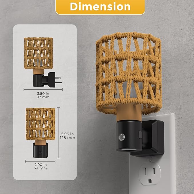 L LOHAS LED Night Lights Plug into Wall, Cylindrical Ironwork Boho Lampshade Decor Night Light, 350° Rotatable Dusk to Dawn Sensor Vintage Nightlight, Dimmable for Bedroom Living Room Hallway