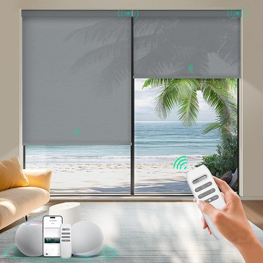 HeyBlinds Motorized Roller Shades, Smart Blinds for Windows, Remote Automatic Window Shades, Electric Shades, Light Filtering, Compatible with Alexa Google Apple Home (Simply-Smoky Gray LF)