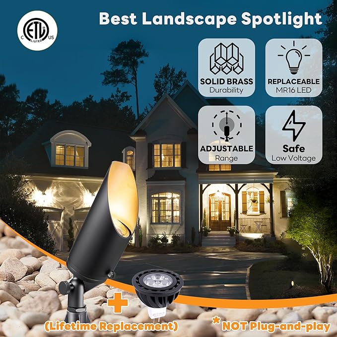 Gardenreet Brass Landscape Lighting - Black Low Voltage Outdoor Spotlights, Wired LED Uplights 12V, Waterproof Spot Lights, Stretchable Shroud for Outside Trees with Warm White MR16 Bulb (4 Pack)