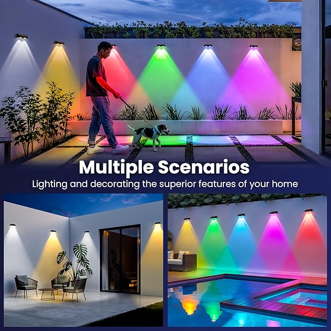 Solar Fence Lights Outdoor,50 LM 11 Modes & 9 Colors Solar Lights with Brighter LED Focus Lens Waterproof IP65 for Wall Backyard Deck Patio Porch Step Railings Pool Decor（4 Pack）