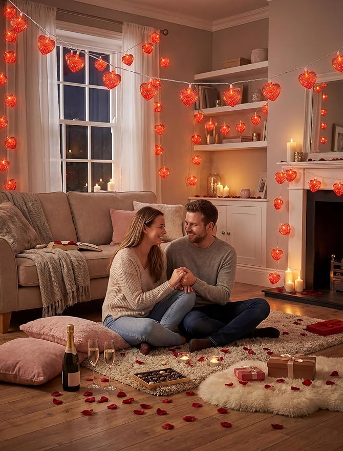 8.5Ft Valentine Red Heart Lights with 10 Shiny Glitter Heart Shaped Lights, Valentine Day Decorations Red Heart Lights for Valentine's Day,Windows, Bedroom,Home,Room Party Decor