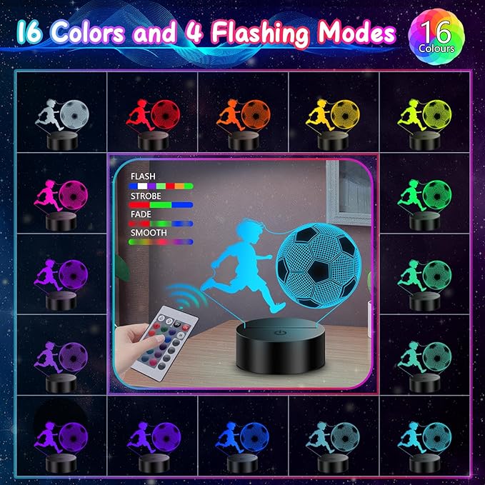 Soccer Gifts for Boys【 Boys’ First Soccer Night Light 】, 3D Illusion Soccer Lamp Easter Gifts for Teens Boys, 5 6 7 8 9 10 Year Old Boy Birthday Gifts for Children, Room Decor for Teens