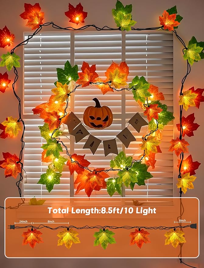 Maple Leaf String Lights Thanksgiving Decorations, Fall Garland Lights String with 35 LED Orange Yellow Green Lights for Connectable Display Indoor Outdoor Fall Decor Halloween Decorations