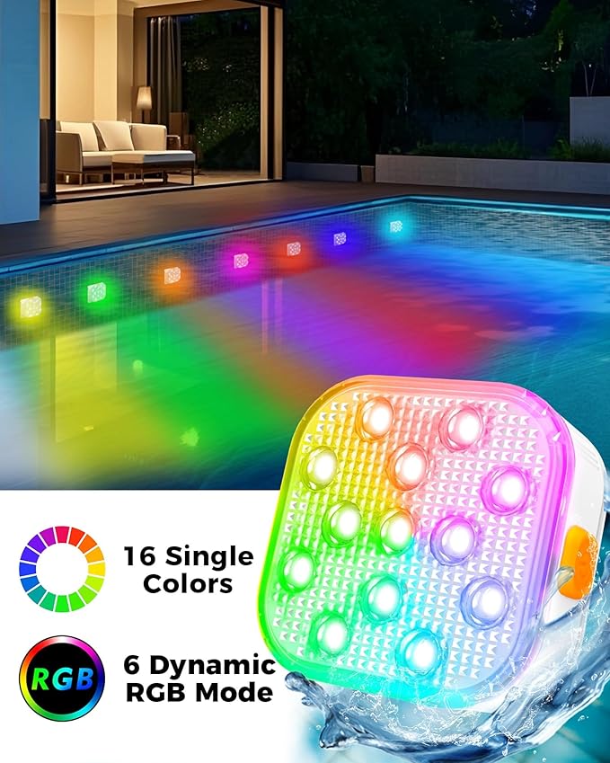 Pool Lights (2 Pack), Submersible LED Light with Remote Control, 5 Adjustable Brightness Levels, 16 Colors & 6 RGB Modes, IP68 Waterproof, 10H Runtime,Installation Accessories Included, (2025 Upgrade)