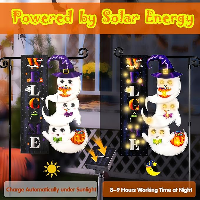 Halloween Lighted Garden Flag, Solar Welcome Ghost Yard Flag for Outside, 8 Modes Double Sided Welcome Halloween Ghost Outdoor Decorations for Home Porch