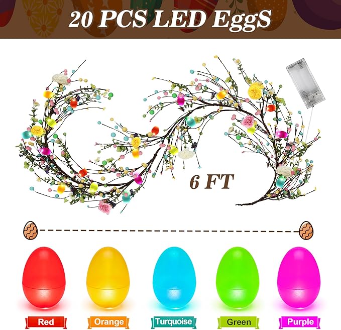Enhon 6ft Easter Garland with Light, 20 LED Easter Egg Decoration, Spring Decorative for Mantle, Table Centerpieces, Stair Railing, Doorway, Windowsills, Front Door Décor & Party