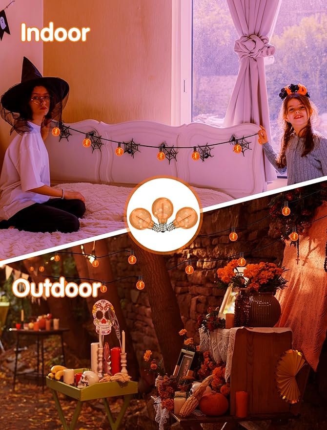 SUNSGNE G40 LED Halloween Globe Orange Light Bulbs, Round Orange Replacement Light Bulbs for Halloween Christmas String Lights, 25 Pack - 0.6 Watt, E12 Candelabra Base