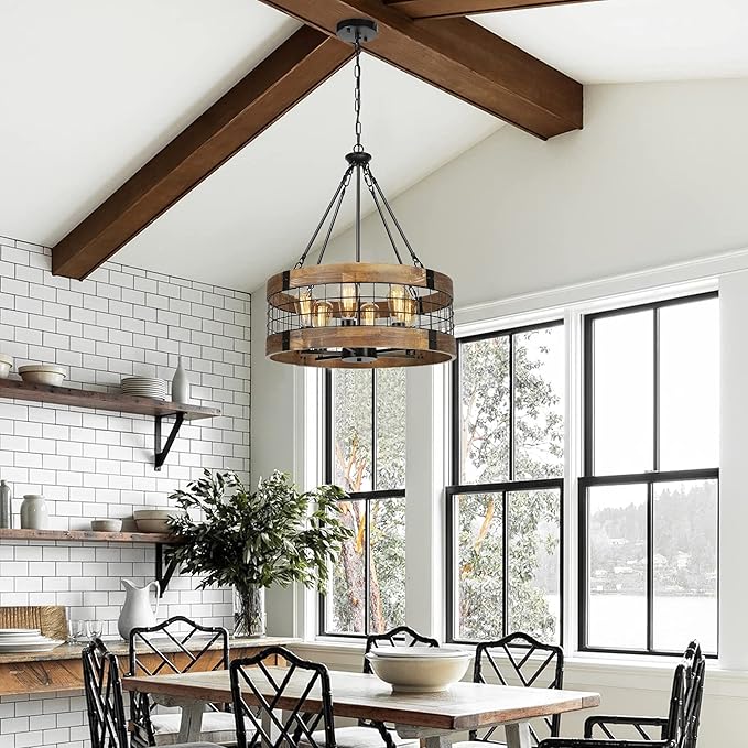 6-Light Farmhouse Chandelier for Entryway, Rustic Dining Room Light Fixtures, Industrial Drum Hanging Lighting for Kitchen Island Foyer, Black Wood and Black Metal Finish
