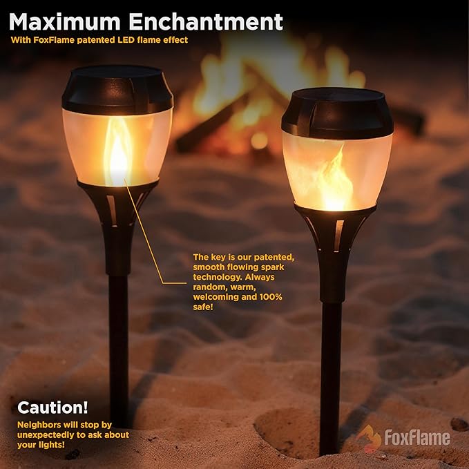 FoxFlame Solar Path Lights Outdoor Waterproof-Realistic Flickering LED Flame,IP65 Pathway Lights Solar Powered Warm Light for Garden and Walkways,Ground Stake Included for Easy Setup(2 Pack)