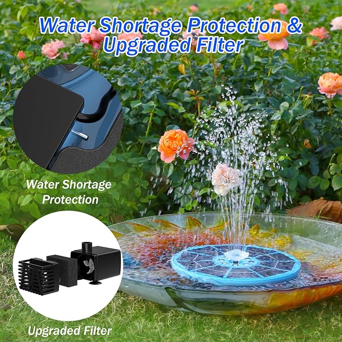 AISITIN 3.5W Solar Bird Bath Fountain with LED Colorful Lights & 3000mAh Battery, Solar Fountain Pump with 10 Nozzles, Solar Water Pump for Garden, Pond and Outdoor (Blue)