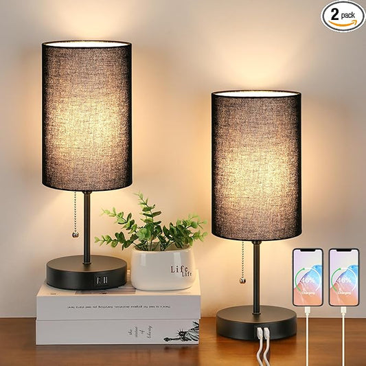 Set of 2 Table Lamps with 2 USB Ports, Bedside Lamps for Bedrooms, Modern Nightstand Lamps with Pull Chain, Minimalist Desk Lamps with Black Fabric Shade and Metal Base for Living Room Home Office