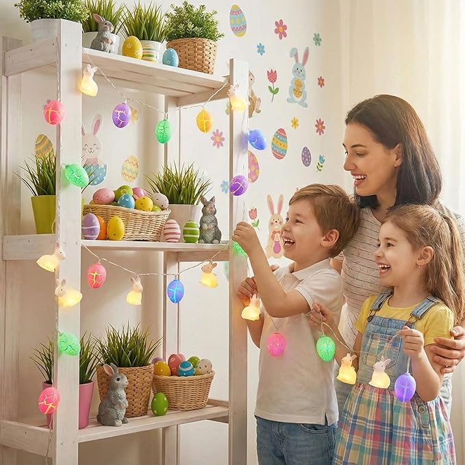 SWEETIME Easter Egg Bunny Lights,9.84 ft Cracked Egg Window String Lights,Battery Powered Colorful Eggs String Light for Home Bedrooms Window Tree Indoor Outdoor