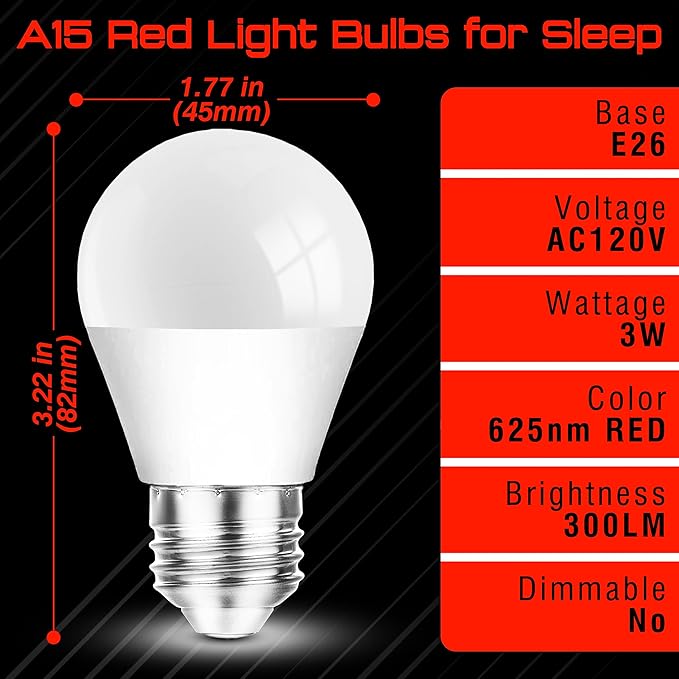 E26 Red Light Bulbs for Sleep Christmas, 625nm Blue Light Blocking 25w-40w Equivalent, 3W Red Night Light Bulb 300LM for Bedroom Sleep, Baby Nursery, Porch, Holiday Mood Lighting, Non-Dimmable, 4 Pack