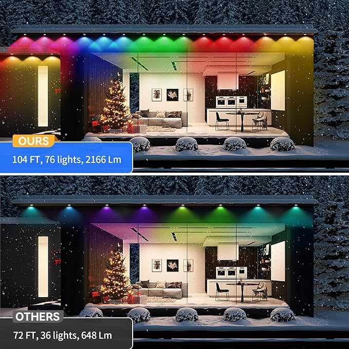 Permanent Outdoor Lights, 104FT RGB String Downlights with Colors Scene Modes, IP67 Waterproof Smart LED Eaves Lights for Christmas, Halloween, Party